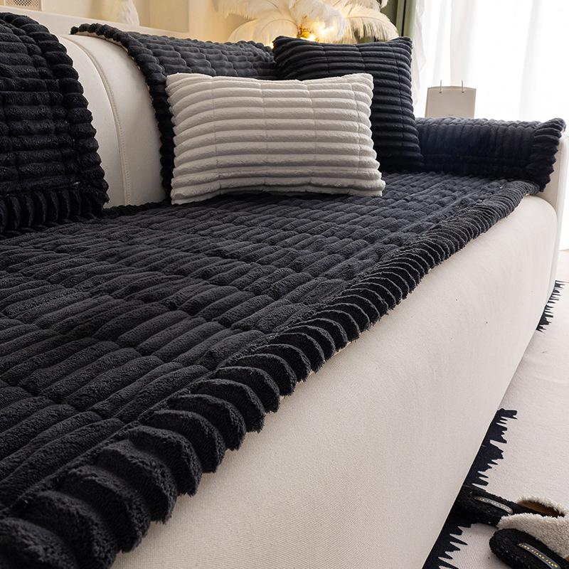 Quilted Stripe Imitation Rabbit Fur Plush Sofa Slipcover Winter Warm Non-slip Sofa Towel Couch Cushion For Living Room Home Deco