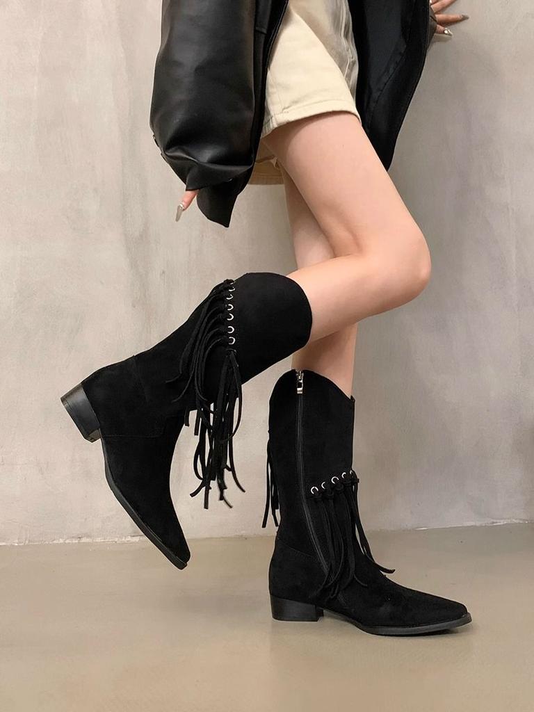 Fashion Elegant with Low Heels Pointed Toe Tassel Half High Boots for Women Spring Autumn Mid Calf Shoes Woman Large Size Hot Chic Boot