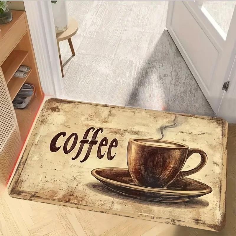 Modern Coffee Cup Themed Area Rug, Soft Non-Slip Indoor Outdoor Floor Mat for Kitchen and Living Room Decor
