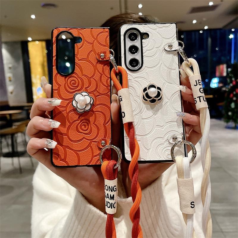 Чехол для телефона с цветком из кожи через плечо для Samsung Galaxy Z Fold 6 5 4 3 Fold6 Fold5 Fold4 Fold3 5G Hard Shell Противоударный чехол