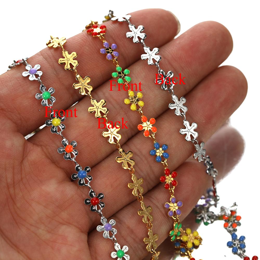 1M Gold Color Colorful Chain Stainless Steel Enamel Flower Chains for DIY Jewelry Making Anklet Bracelet Necklaces Accessories