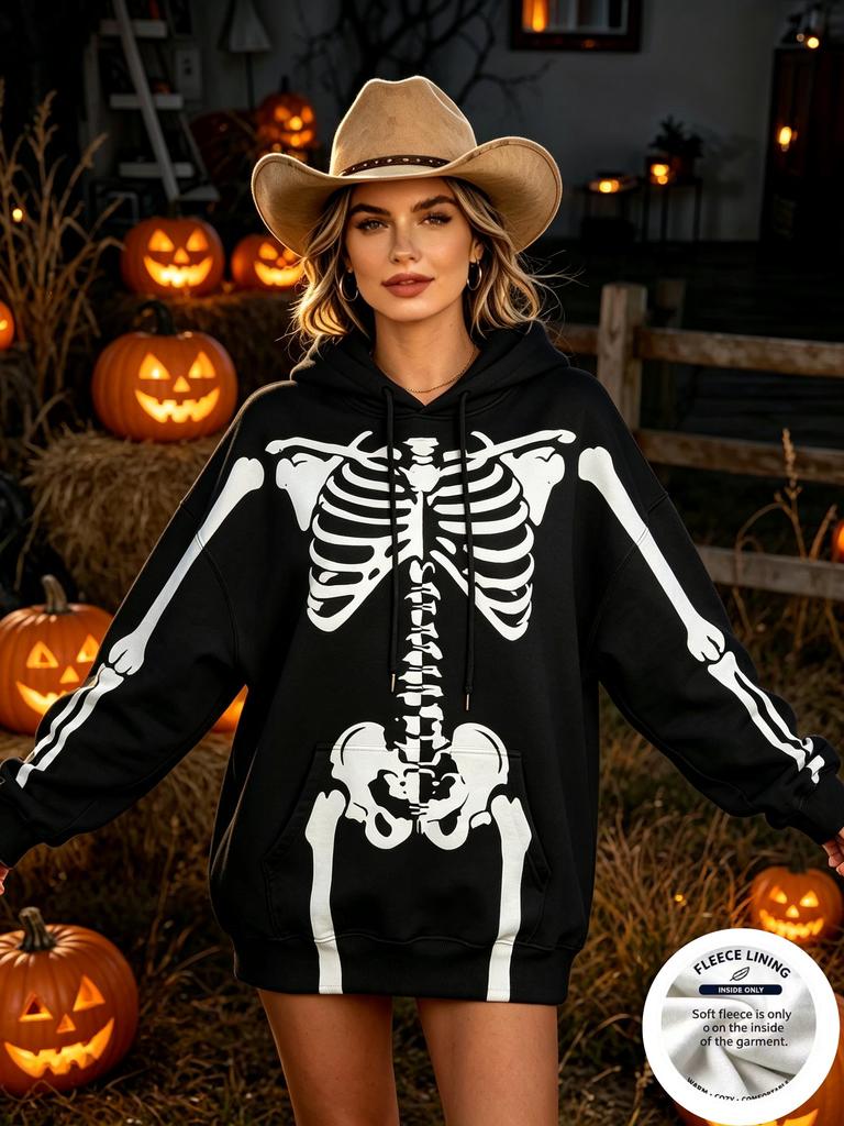 Women Fleece Hoodie Halloween Full Body Skeleton Print Long Sleeve Pullover