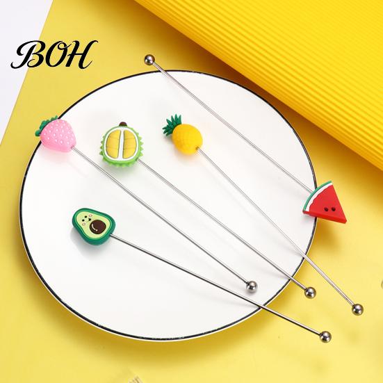 Stir Stick Cocktail Stick, Stainless Steel Mixing with Durian Pineapple Strawberry Mixer Watermelon Rubber Top Decor, Drink Stirrer for Bar