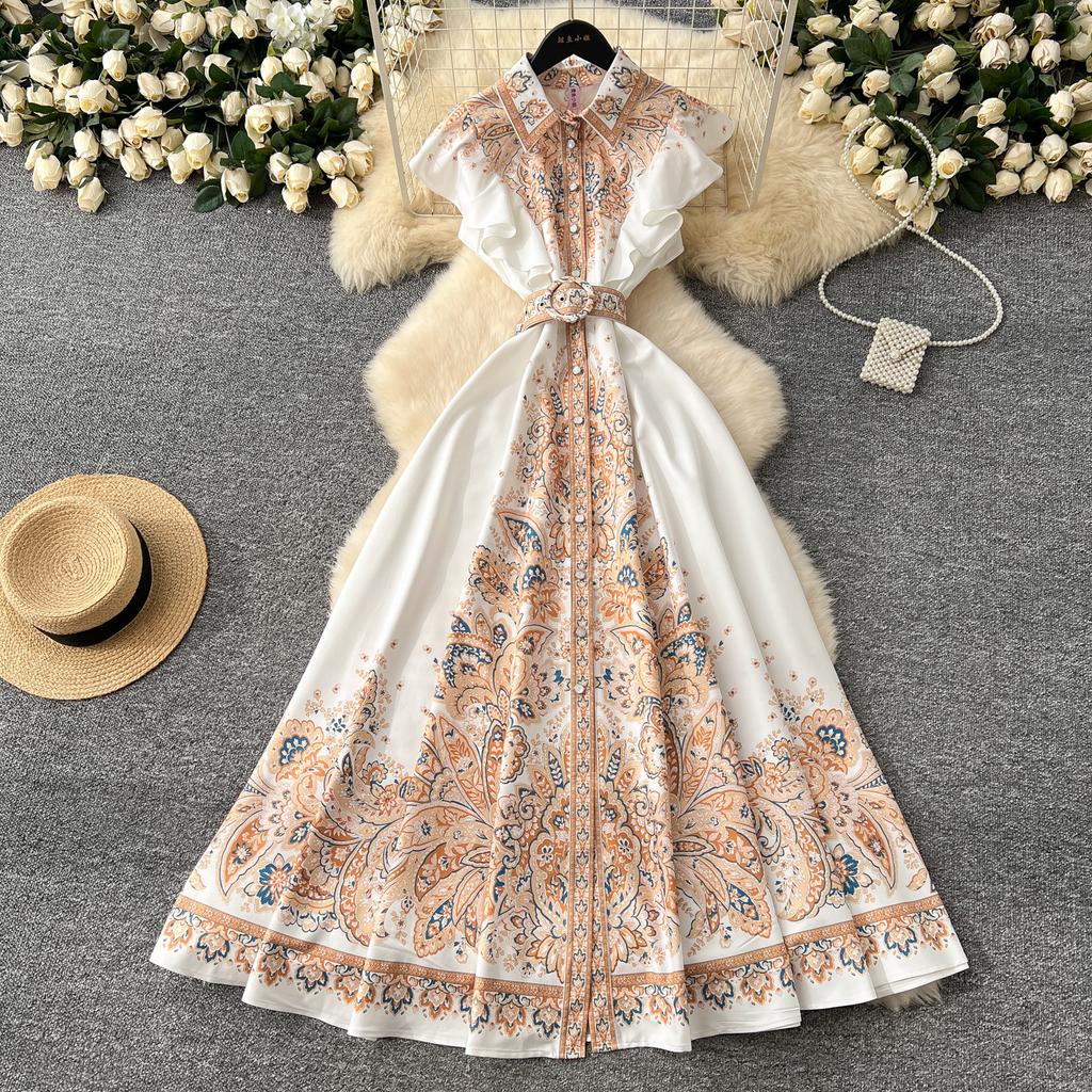 Chic Slim Single Breasted Elegant Sashes Print Vintage Dress Elegant High Street Korean Evening Dress