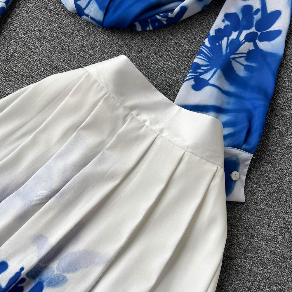 Элегантный темперамент Поло-воротник Синяя рубашка с принтом с длинным рукавом Женская Высококачественная плиссированная юбка Модный костюм-двойка