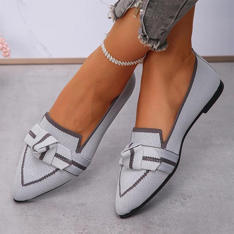 Fashion Women Knitting Bow Pointed Toe Shallow Flats Loafers Shoes 2024 Autumn Fashion New Casual Shoes Cozy Walking Trend Femme Shoes