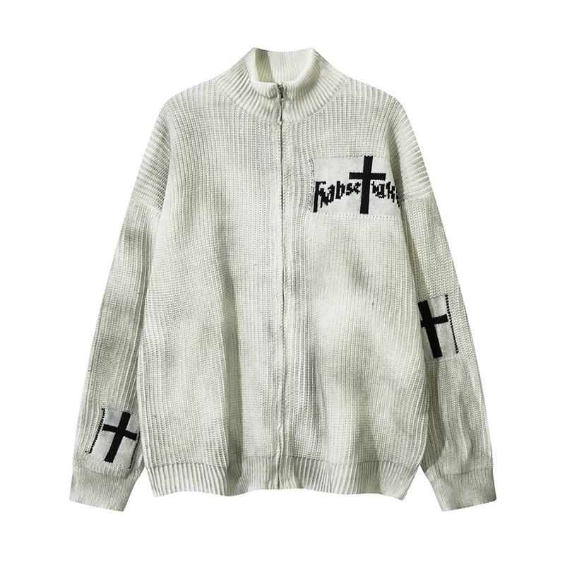 Oversized Streetwear Knit Cardigan With Contrast Cross Design Semi-Turtleneck Zipper Front Unisex Winter Sweater