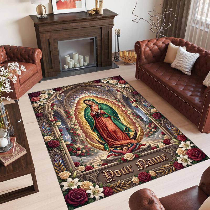 Virgin Mary Theme Crystal Velvet Rug Personalized Custom Name Text Soft Floor Mat Home Decor