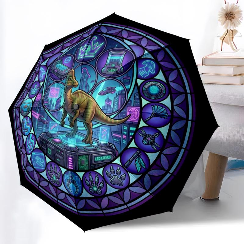Futuristic Dinosaur Glass pattern umbrella, portable and foldable design, 8 ribs, a casual accessory for Halloween, Christmas, and birthday gifts.