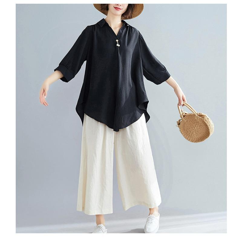 Летняя женская рубашка с короткими рукавами, элегантный V-образный вырез, нерегулярный хлопковый лен, удобный свободный повседневный дышащий топ