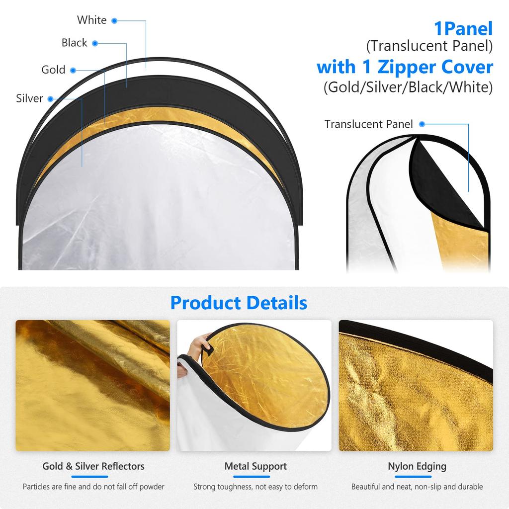 Neewer 5-in-1 Photography Foldable Reflector (Silver, Gold, White, Black, Translucent) (60cm X 90cm) [Parallel Import]