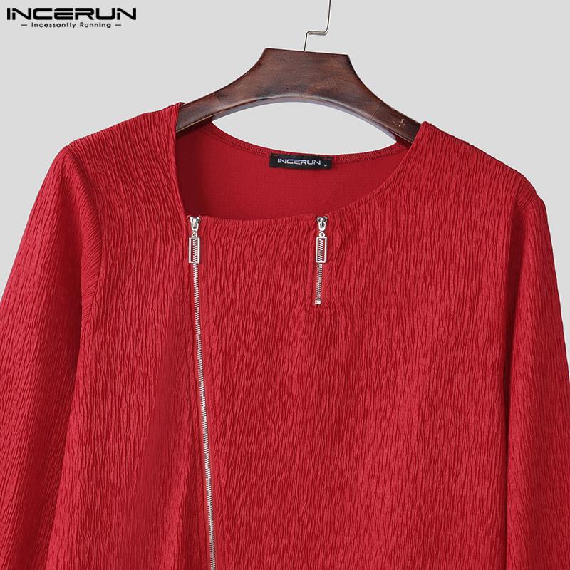 INCERUN Мужские весенние футболки с длинным рукавом на молнии с текстурой