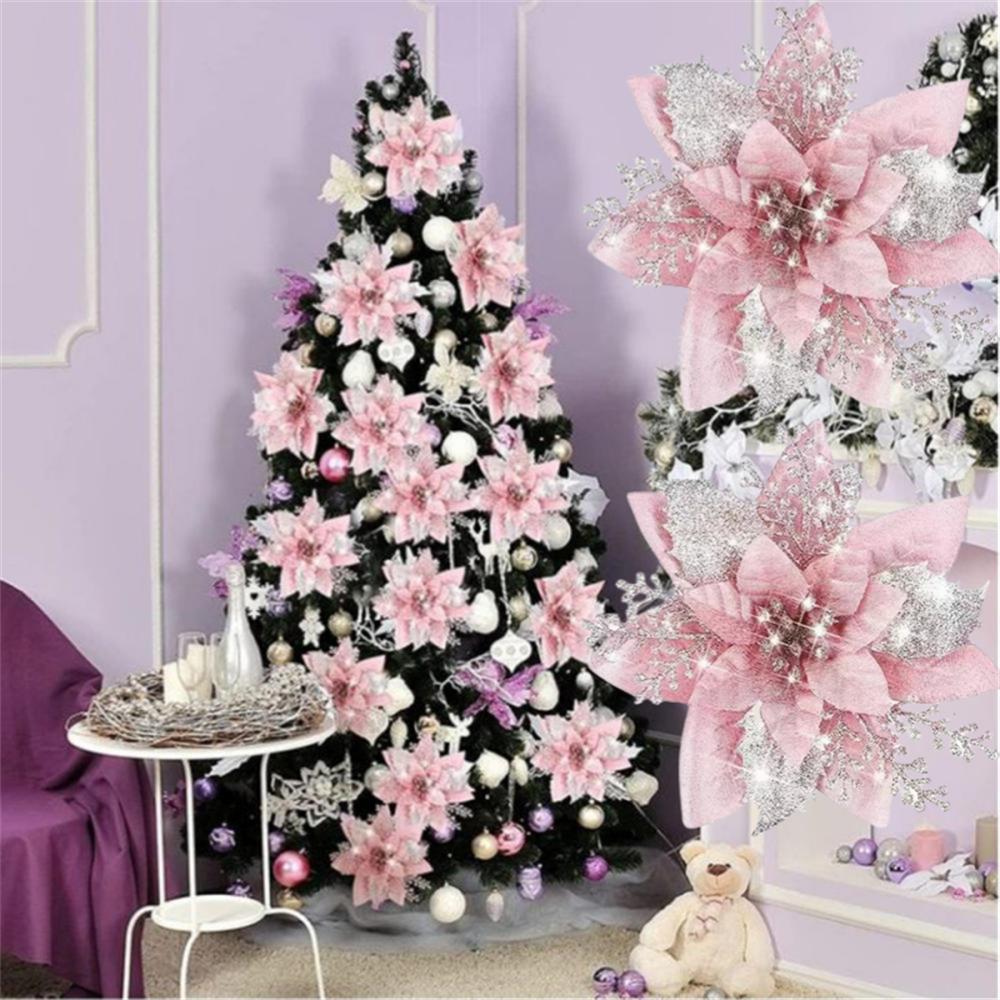 13cm Glitter Artifical Christmas Flowers Merry Christmas Tree Decoration Happy New Year Ornaments Xmas Fake Flowers Gifts