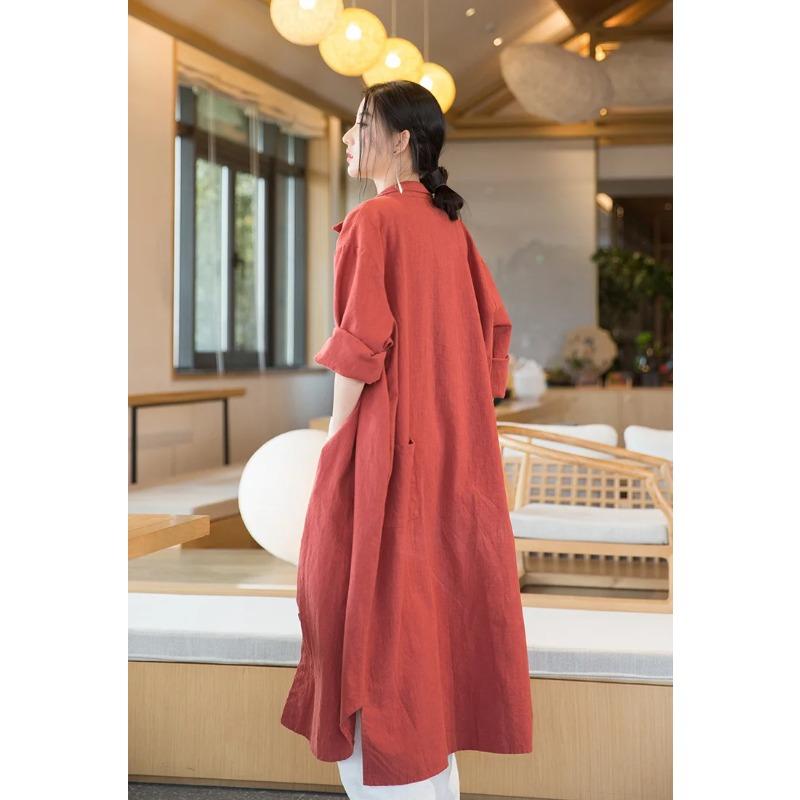 Women Vintage Linen Long Shirts Solid Color Long Sleeve Blouses Spring Button Turn Down Collar Shirt