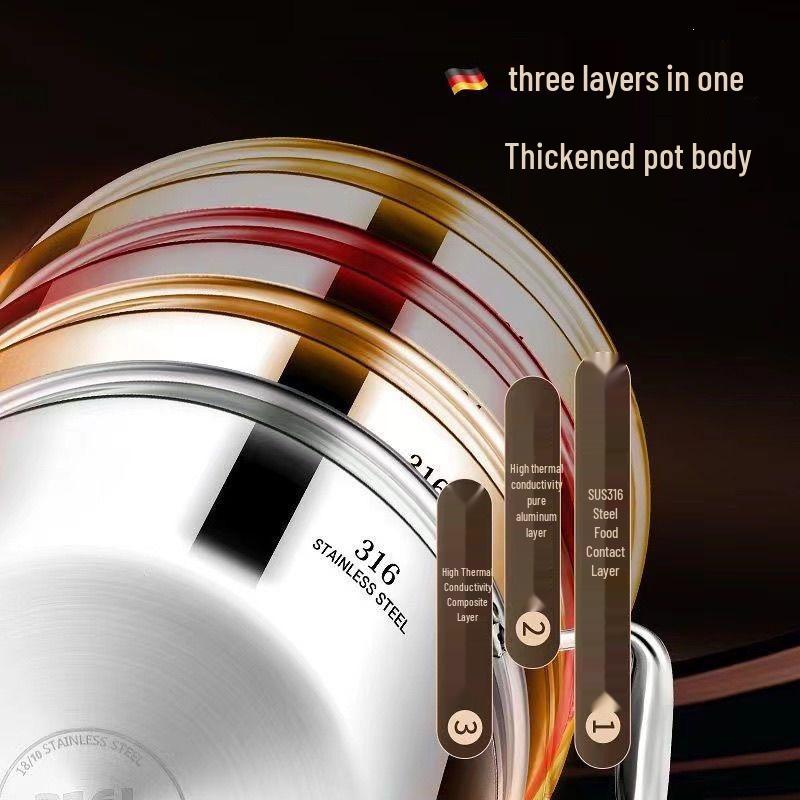 316 Stainless Steel Non-Coating Double-Layer Soup and Noodle Pot, High Temperature Resistant, Integrated Mold Steaming and Cooking Stockpot.