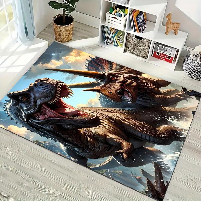 Dinosaur Rectangular Rug, T-Rex Triceratops Print Non Slip Floor Mat for Living Room Bedroom Decor