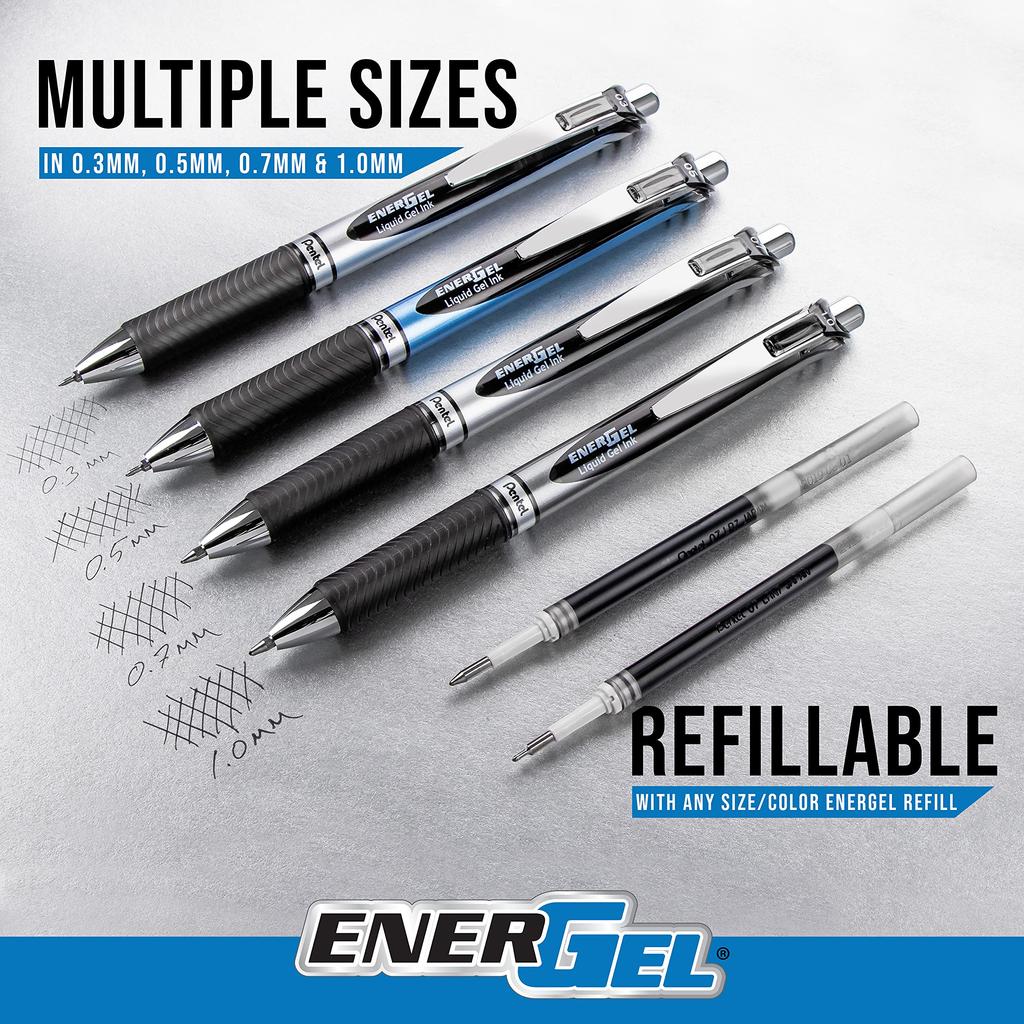 Ручка Pentel EnerGel RTX выдвижная гелевая, средний стержень, ассорти чернил, серебристый корпус, (0.7mm) Линия, (BL77BP12M)