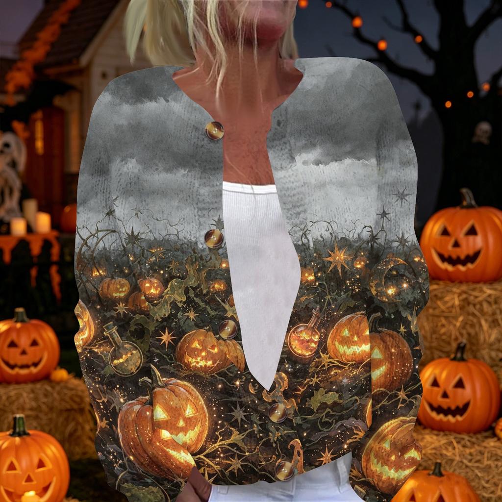 Women's Halloween Long Sleeve Knit Cardigan Button Up Sweater Skeleton and Pumpkin Musical Print Lightweight Outerwear for Fall and Winter
