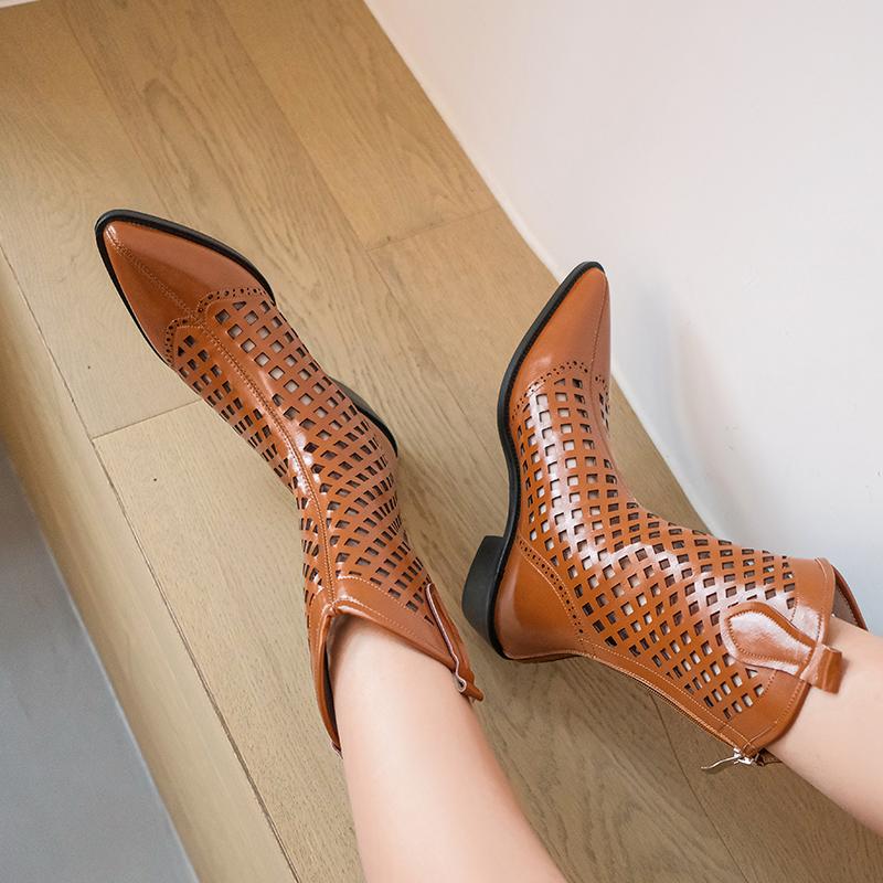 2024 Autumn New Shoes Woman Designers Chic Hollow Boots Pointed Toe Natural Genuine Leather Women Boots Mid-Calf Womens Shoes