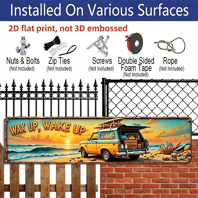 2D Flat, Beach Scene Wall Art Featuring A Vintage Car Surfboards Scenic Ocean Sunrise Theme Suitable for Cafes Living Rooms Beach Houses and Vacation