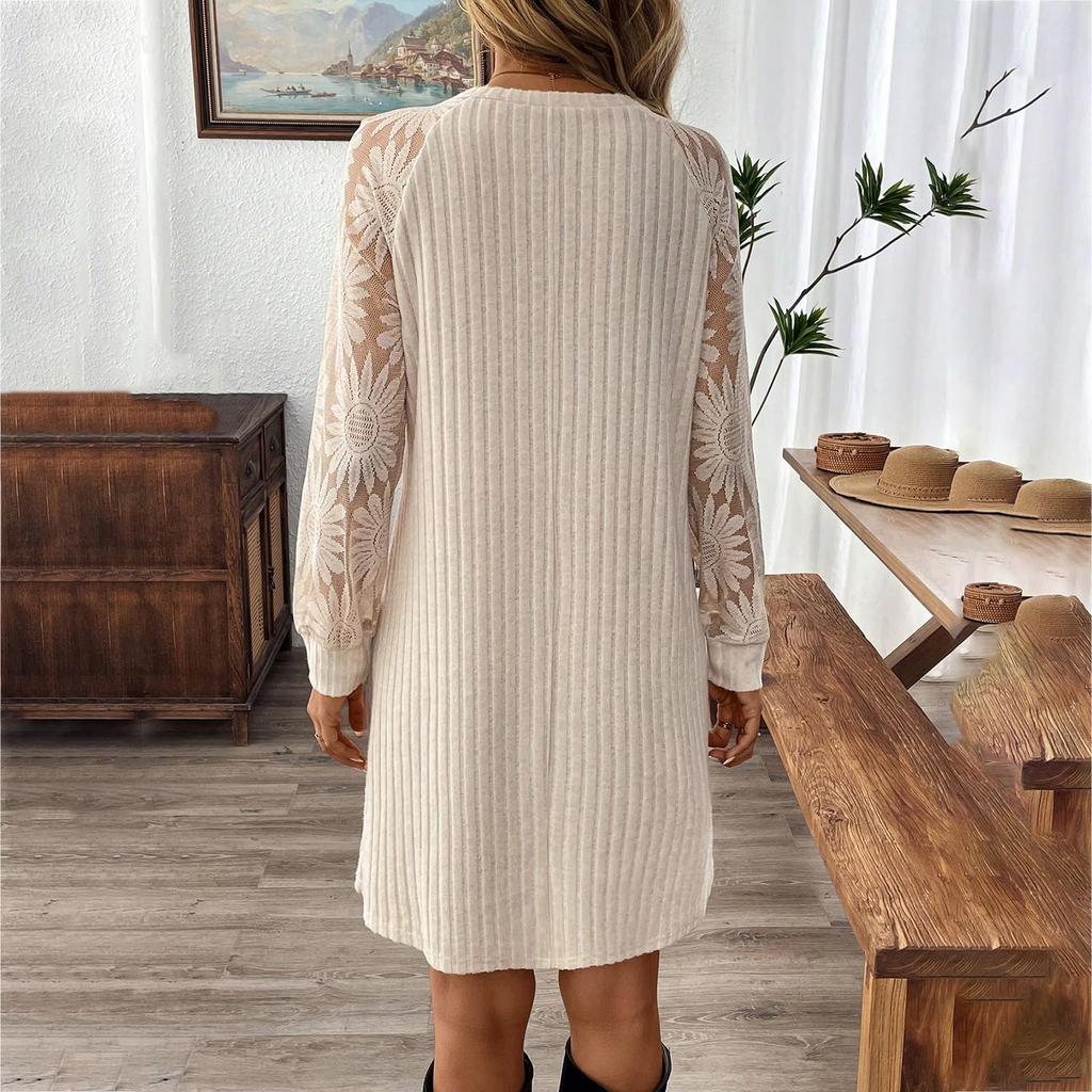 Женское модное повседневное платье с круглым вырезом, рубчатое, со шнуровкой, пуловер, с длинным рукавом