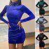 Women Dress Sheath Skinny Tight Waist Solid Color High Collar Neck Protection Long Sleeve Elastic Above Knee Length Mini Dress