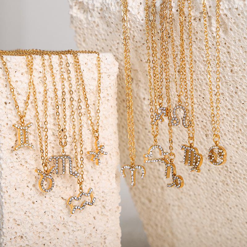 Custom Fashion Gold Titanium Steel Necklace with Zodiac Pendant and Rhinestones