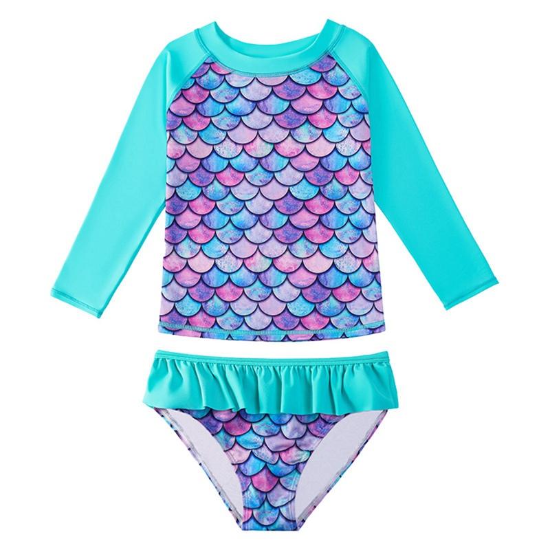 Girls' Two-Piece Split Swimsuit Sweet Long Sleeve Cartoon Fish Scale Print Pullover With Ruffle Briefs Swimwear Set Beach Wear