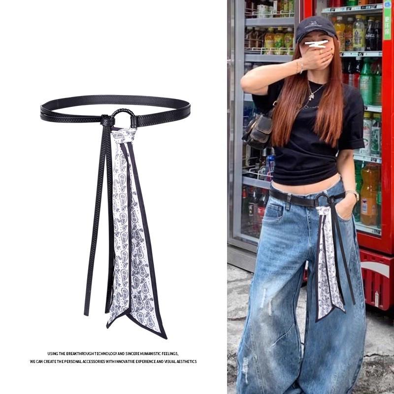 Винтажный красный шелковый шарф-пояс - Женский хип-хоп панк ленточный пояс с цепочкой для джинсов