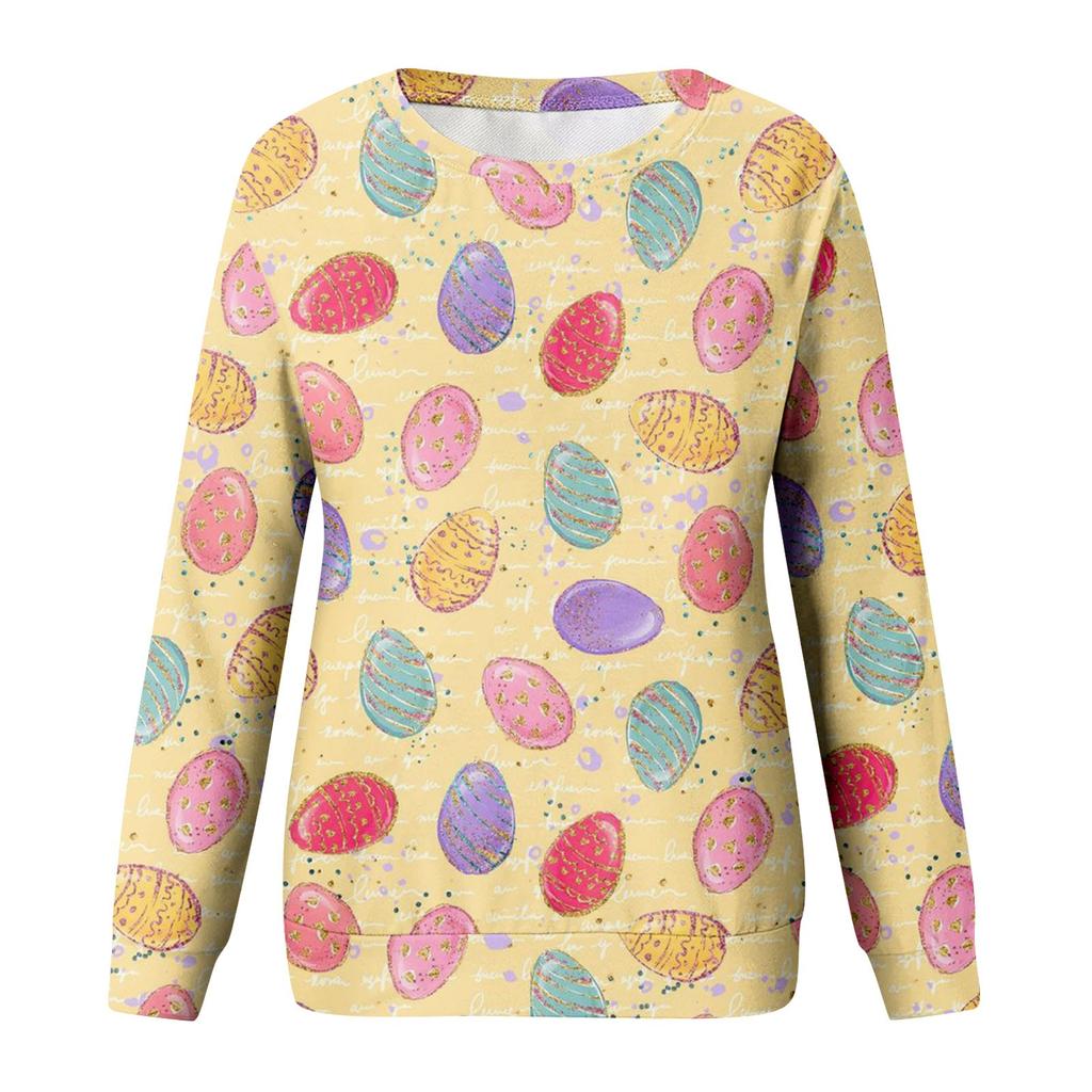 Women's Casual Fashion Easter Printing Long Sleeve O-Neck Pullover Top Blouse
