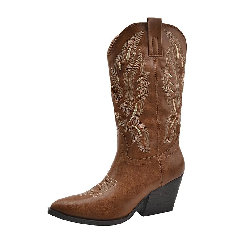 Модная женская обувь 2024 года, высококачественные женские сапоги без застежек, модные современные сапоги с вышивкой, женские сексуальные сапоги с острым носком, однотонные сапоги до середины икры