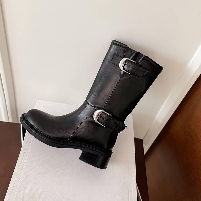 Новые женские кожаные ботинки круглый носок универсальные большого размера женские ботинки средний каблук круглый носок резиновая платформа высокие ботинки кожаные ботинки-рыцари