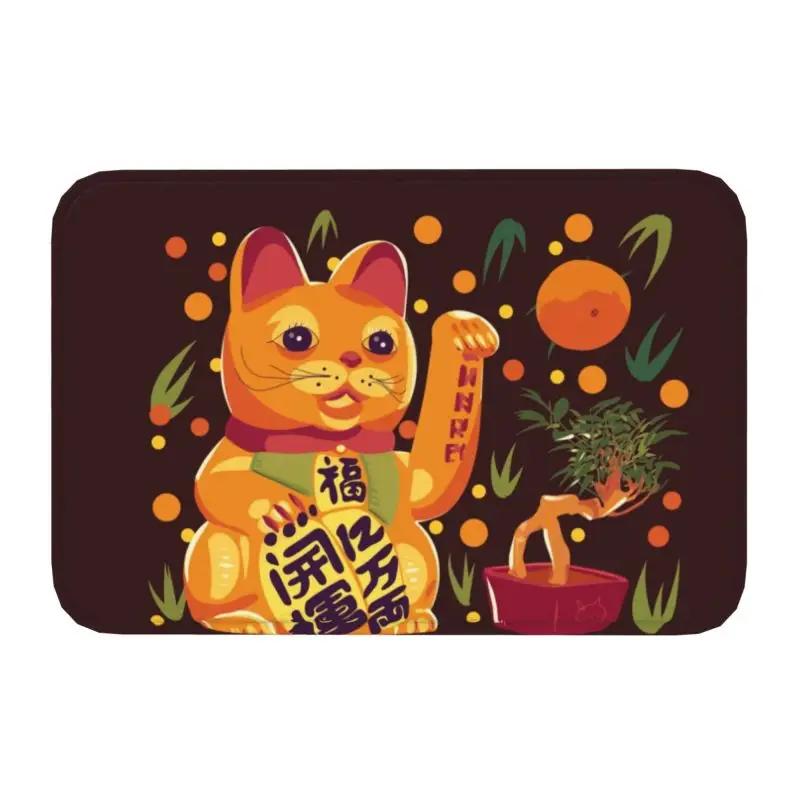 Custom Kawaii Maneki Neko Lucky Cat Doormat Non-Slip Entrance Bath Kitchen Floor Door Mat Japanese Geisha Art Garden Carpet Rug