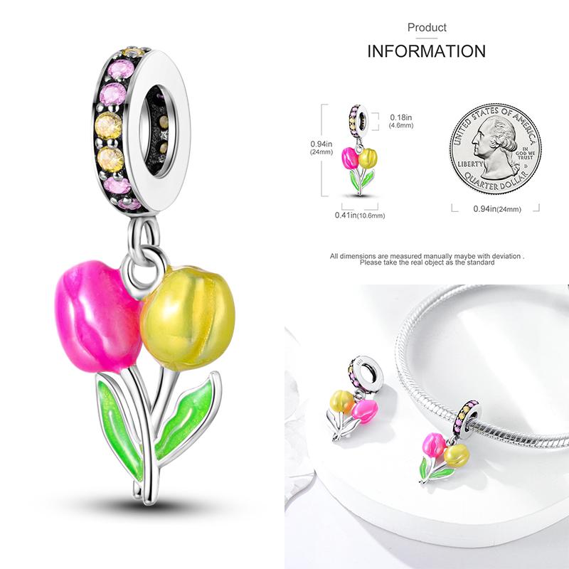 Copper Lavender Tulips Pansy Iris Charm Beads Colorful Flower Dangle Fit Original Bracelet Diy Jewelry Gift