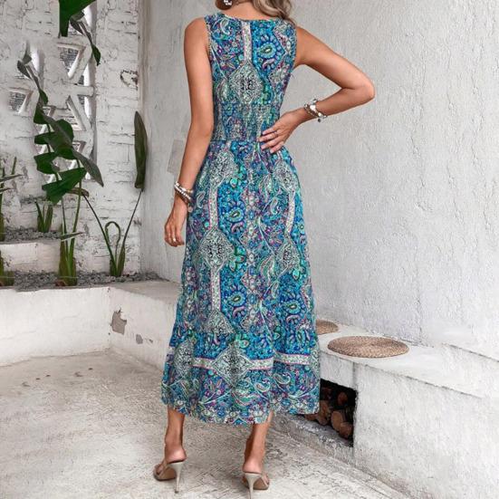 Женское богемное платье с V-образным вырезом без рукавов с открытыми плечами Узкая талия Плюс Размер Красочный принт Узкая эластичная талия Длина до середины икры Летнее пляжное платье миди