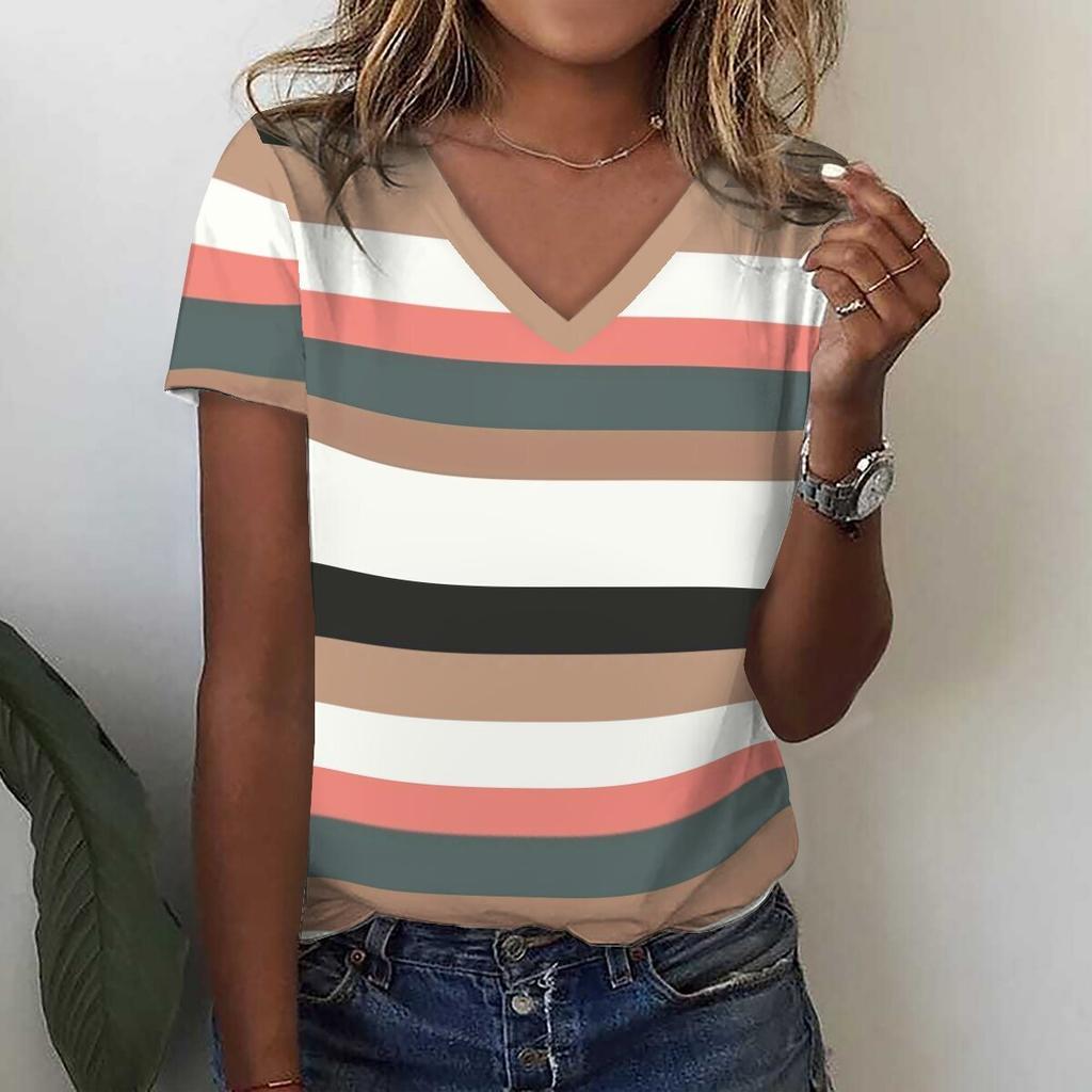 Striped 3D Printed T-shirt for Summer Women's V-neck Holiday Casual Top