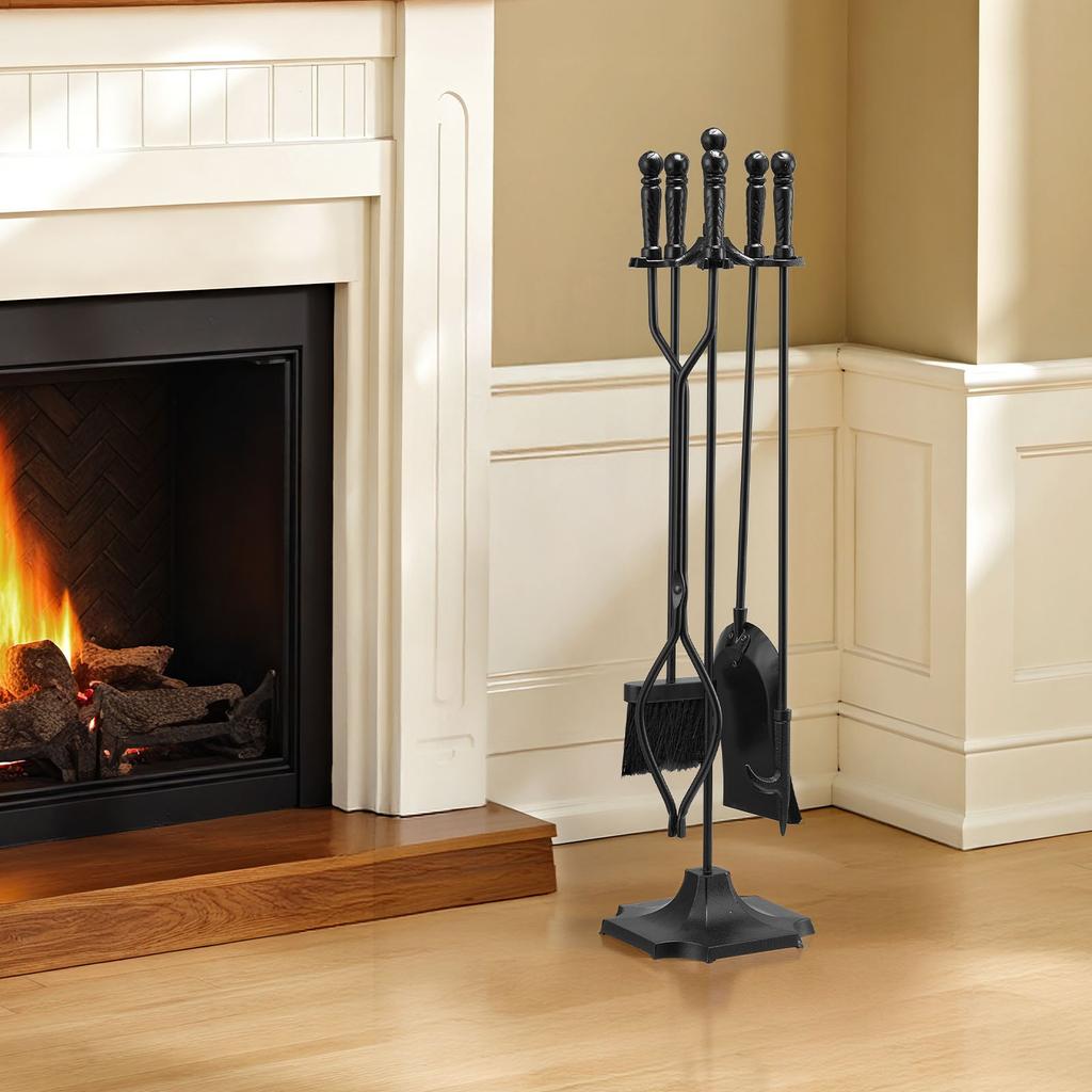 VEVOR Fireplace Tool Set, 5 PCS Fire Tool Set and Holder with Five-Prong Stand, Tongs, Ash Shovel, Brush, Fire Place Poker
