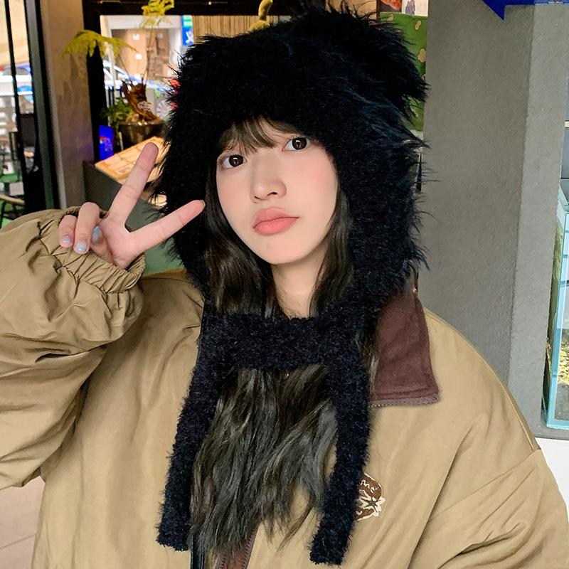 Зимняя мультяшная милая плюшевая шапка с медвежонком корейского выпуска, теплая шапка для девочек с изображением лица, маленькая шапка Баотоу с капюшоном