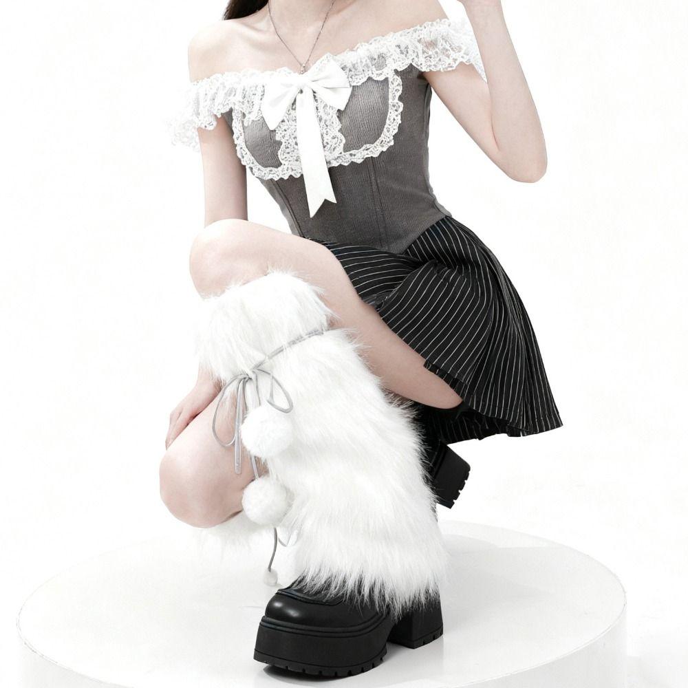 Plush Ball Winter Leg Warmers Knitted Long Stockings Fashion Furry Leg Warmers Streetwear