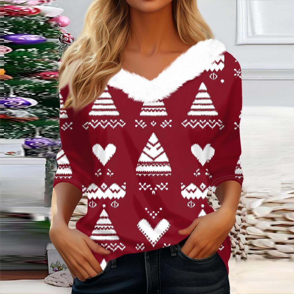 Рубашки с рукавом 3/4 для женщин, рождественские футболки с графическим принтом, блузки, повседневные базовые топы на пуговицах больших размеров, пуловеры