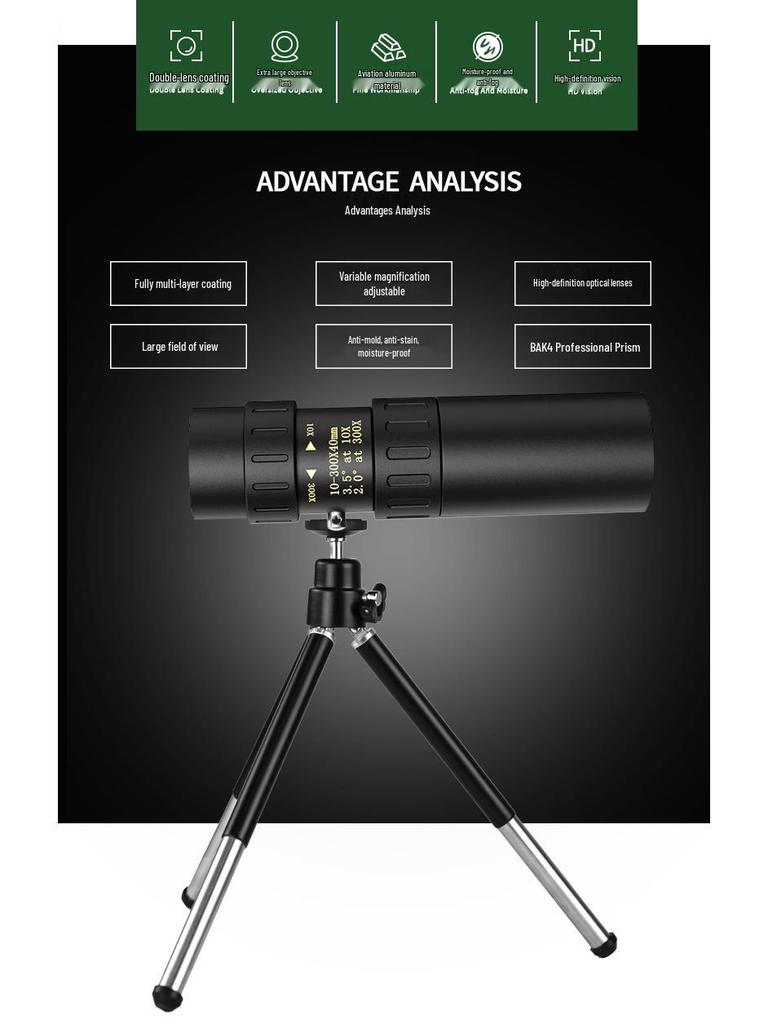 10-300x40 HD Variable Monocular: Night Vision Outdoor Metal Binoculars