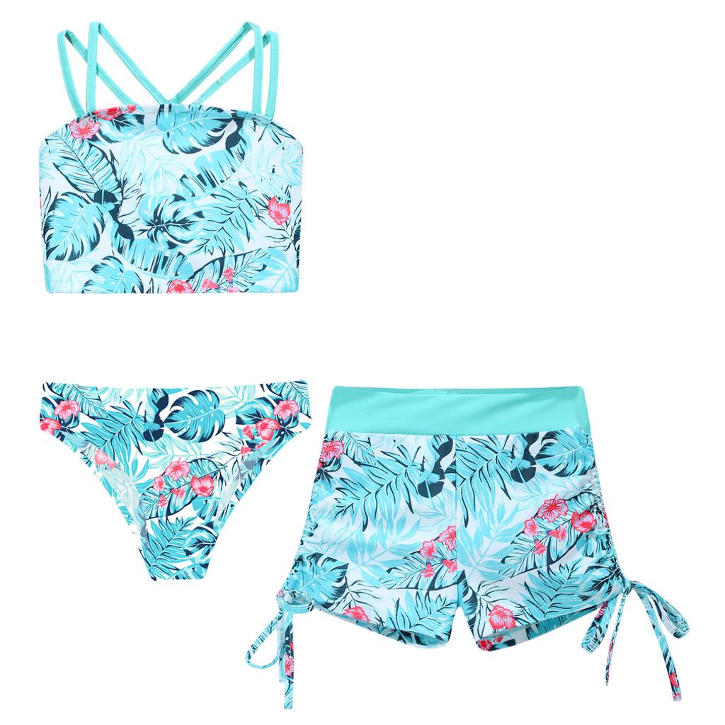 Бикини с шортами. Комплект для девочек. Топ-танкини. Шорты для плавания. Гавайский купальник из трех предметов. Спортивный бюстгальтер-кроссовер. Низ бикини.