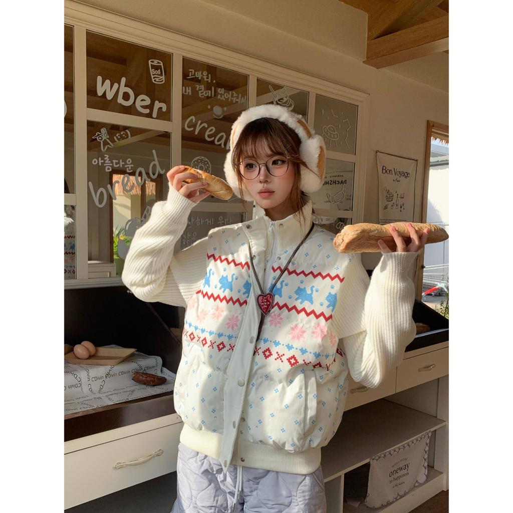 Sweet Cool Fair Island Splicing Knitted Stand-Up Neck Cotton Clothing Women's Winter Padded Cotton Warm Thickened Skinny Cotton Jacket