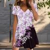 Summer Fashion Women's V Neck Short Sleeve Leaf Printed  Dress Sex Short Skirt Dresses