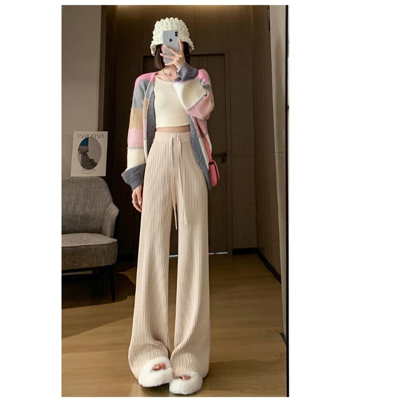 Модные осенне-зимние женские трикотажные брюки с широкими штанинами, новые свободные длинные брюки на шнурке с высокой талией, повседневные однотонные плиссированные брюки 2379