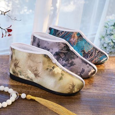 Осенние и зимние туфли из хлопка с принтом, старые пекинские тканевые туфли, обувь для людей среднего и пожилого возраста, обувь для пожилых людей с вышивкой в ретро-стиле, мягкая подошва, нескользящая для мам