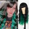 Long Wavy Green and Black Wig with Bangs Long Wigs for Women Curly Wavy Wig Heat Resistant Synthetic for Party Costume