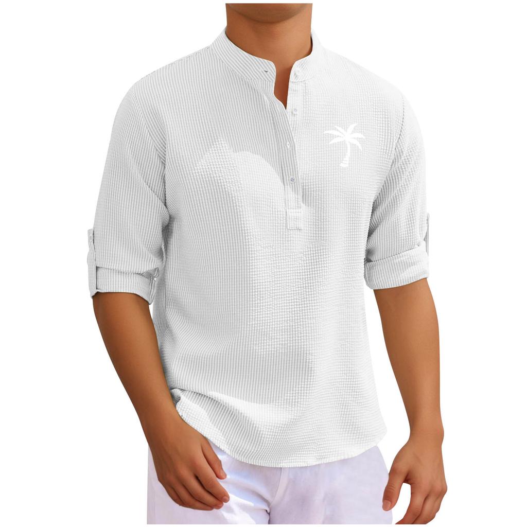 Men's T-shirt Long-sleeved Stand-up Collar Open-button Coconut Printed Shirt Men's Casual Sports Top