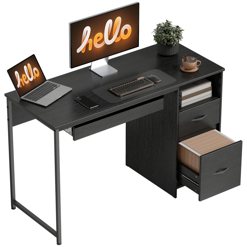Modern Desk With Drawers Open Shelves And Keyboard Tray Made Of Wood And Steel 120x52.3x76 Cm Black