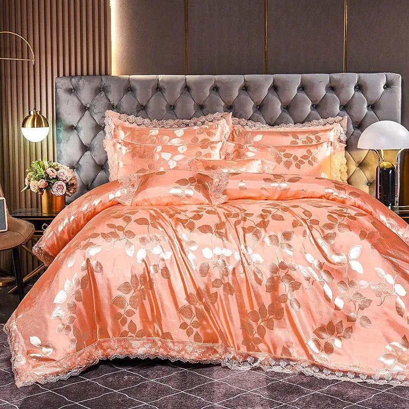 Роскошные европейские жаккардовые комплекты постельного белья с кружевными краями, пододеяльник, сплошной цвет, простыня, свадебное красное постельное белье, домашний текстиль, комплект из четырех предметов